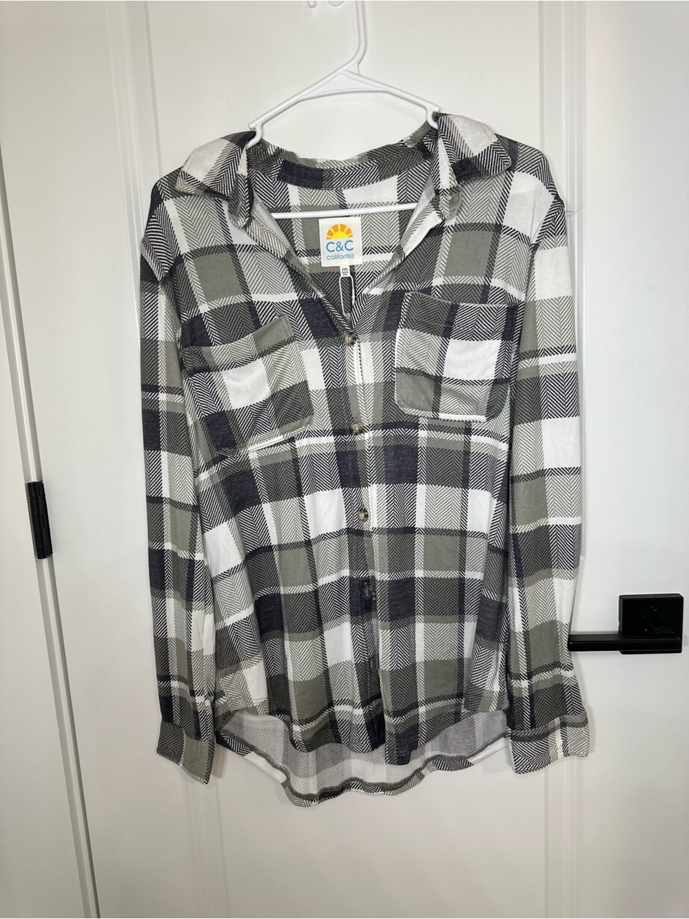 C&C California Olive, Gray & White Plaid Button-Down Shirt